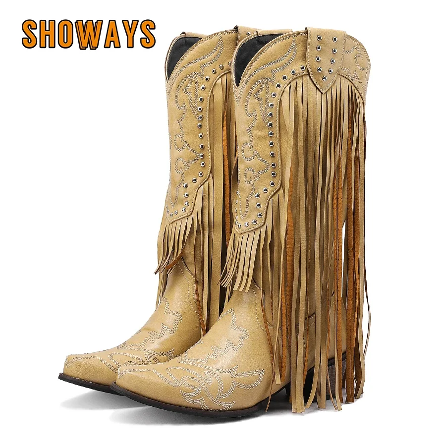 Embroidery Yellow - Botas occidentales de media pantorrilla con