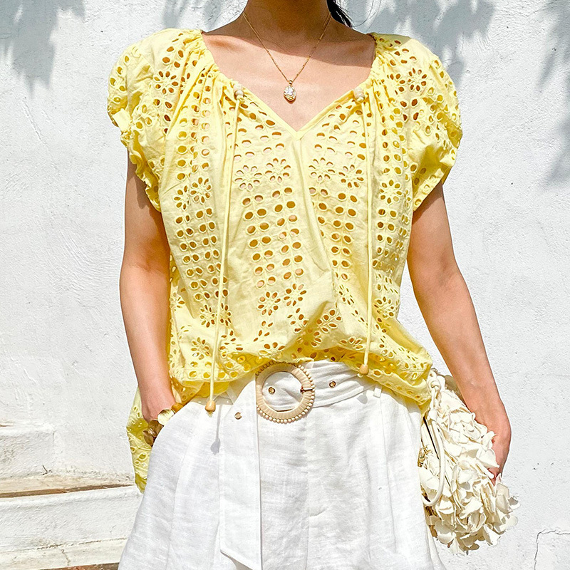 Embroidery Yellow - Estilo francés elegante blusa camisa amarilla