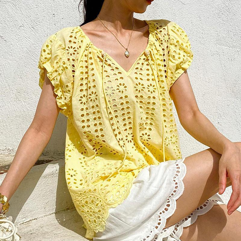 Estilo francés elegante blusa  - Embroidery Yellow reseña y precio